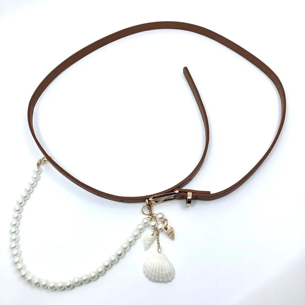 Mermaidcore Brown Faux Leather Pearl Shell Belt, Fits 32.5–35 Inches, X7GA1230